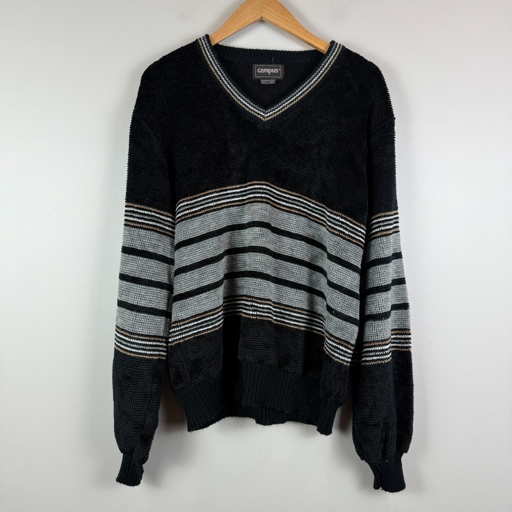 Vtg‎ Campus Sweater Men's L Black Gray Striped Knit V-Neck Balloon Sleeve Cozy